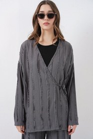 Resim Örme Kimono Pantolon İkili Takım 30067 - Gri - Laci̇vert / 42 