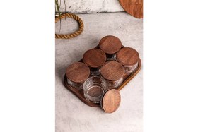 Resim 6'lı Ahşap Kapaklı Cam Kahvaltılık ve Çerezlik, 235 Ml, Şık ve Kullanışlı Tasarım 
