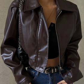 Resim Kadın Y2K Retro Fermuarlı Ceket - Uzun Kollu Rahat Crop Top, Turn- Yaka, Kahverengi Dış Giyim, Sonbahar İçin, Rahat Kıyafet İçin Çok Yönlü ve Şık, Sonbahar Modası, Yapılandırılmış Tasarım 