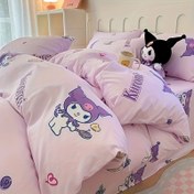 Resim 4 adet Sanrio için for kuromi Karikatür Baskılı Yatak Seti, Pembe Moda Anime Deseni, 2 Yastık Kılıfı + 1 Çarşaf + 1 Yorgan Kılıfı (Doldurulmamış), Yumuşak Kumaş, Ev Dekorasyonu için İdeal 