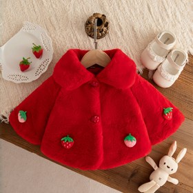 Resim Kız Çocukları Kışlık Mont - Sevimli Çilek Kırmızı Suni Kürk Mont, Düğme Önü, Uzun Kollu ve Kabarık Astar, Sıcak Kalın Parti ve Günlük Giyim, Bebek Kız Kıyafetleri, Bebek Kışlık Mont, Yumuşak Dokulu Mont 