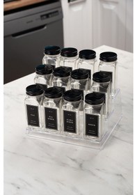 Resim 12'li Şeffaf Merdiven Standlı Cam Baharatlık Seti Siyah Kapaklı Etiketli Baharatlık Takım Mh05syh12 Siyah - Şeffaf 