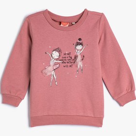 Resim Kız Bebek Sweatshirt Balerin Baskılı Uzun Kollu Şardonlu Pamuklu Bisiklet Yaka 