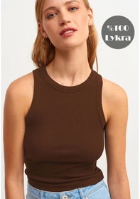 Resim Mea Capio Kadın Koyu Kahve Fitilli Halter Yaka Örme Atlet Kahverengi 