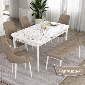 Resim Canisa Concept Eta Serisi 80 x 132 cm Açılabilir Mdf Mutfak Masa Takımı Beyaz Mermer Desen Masa 4 Sandalye ve 1 Bench 