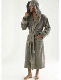 Resim Uzun Kapüşonlu Triga Bambu Cotton Bayan Bornoz Haki 