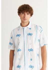 Resim AC&Co / Altınyıldız Classics Erkek Beyaz Lacıvert Oversize Bol Kesim Klasik Yaka %100 Pamuk Baskılı Gömlek Beyaz - Lacivert 