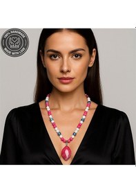 Resim Pembe Akik Beyaz Akik Kalsedon Akik Uzun Kolye Çok Renkli 