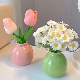 Resim 1 adet Modern Seramik Vazo, Yapay Lale ve Papatya Çiçekleriyle - Yuvarlak, Elektrik Gerektirmez, Pil Gerektirmez, Dekoratif Vazo, Oturma Odası, Yatak Odası, Ofis için - Zarif Ev Dekorasyonu Aksesuarı, Çiçek Vazosu 