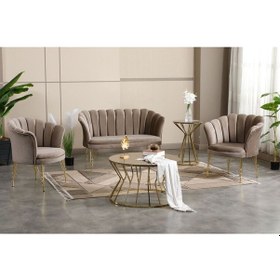 Resim Vizon Kumaş Gold Metal Ayak Çay Seti Koltuk Takımı Ofis Koltuk Takımı Vizon 