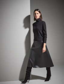 Resim Fermuar Detaylı Midi Siyah Deri Etek - Siyah / S 