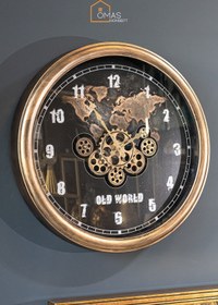 Resim ÖMAS Konsept Gold Eskitme Metal 65 Cm Döner Çarklı Dünya Haritalı Camlı Duvar Saati,metal Salon Ofis Duvar Saati 