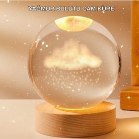 Resim 8 Cm 3d Yağmur Bulutu Kristal Küre Led Gece Lambası Ahşap Standlı 