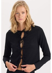 Resim DeFacto Regular Fit Bisiklet Yaka Basic Düz Bürümcük Uzun Kollu Önden Bağlamalı Hırka D6296AX24AUBK81 Siyah 