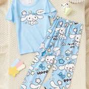 Resim Sanrio Kız Çocukları için Alev Geciktirici Kısa Kollu Uzun Pantolonlu Yazlık Yuvarlak Yaka Mavi Büyük Kulaklı Köpek Pijama Takımı 