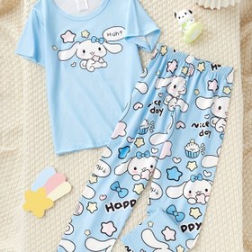Resim Sanrio Kız Çocukları için Alev Geciktirici Kısa Kollu Uzun Pantolonlu Yazlık Yuvarlak Yaka Mavi Büyük Kulaklı Köpek Pijama Takımı 