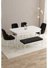 Resim Mazaka Serisi 80x132 Açılabilir Mdf Beyaz Masa Takımı 4 Gri Sandalye 1 Bench Beyaz 