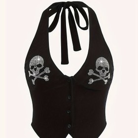 Resim Kadın Süslemeli Kafatası Halter Yaka Tank Top - Elastanlı Polyester Örgü Kumaş, Sahte Düğme Detayı, Düz Renk, Tüm Sezonlar İçin Askılı Gömlek 