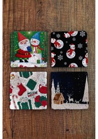 Resim Yeni Yıl - Yılbaşı Doğal Taş Bardak Altlığı Uv Baskılı 4'lü Set - Christimas Çok Renkli 
