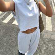 Resim Eudomine Kadın 2 parça Düz Renk Rahat Bol Kesim Üst & Pantolon Seti - Kolsuz Crop Top ile Bağcıklı Bel, Yüksek Bel Pantolon, Beyaz, Bahar/Yaz Kıyafeti, Rahat Kesim Pantolon | Crop Top Tasarımı | Dokulu 