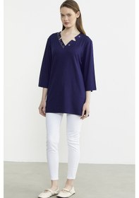 Resim Büyük Beden Truvakar Kol Yaka Detaylı Tişört - Lacivert Lacivert 