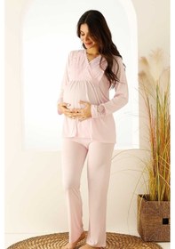 Resim Farya Home Premium Kutulu Emzirme Bölmeli Dantelli Hamile Lohusa Pijama Takımı Açık Pembe 