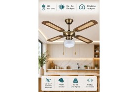 Resim One Since Baleno Ahşap Tavan Vantilatörü 4 Kanatlı Modern Tasarım 105 cm Hız Ayarı ile Kullanım Alanına Uygun 