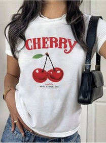 Resim Cherry Happy Baskılı Beyaz Tshirt Anne Kız Kombin - Oversize Bisiklet Yaka Tişört Lacivert-beyaz-279110 