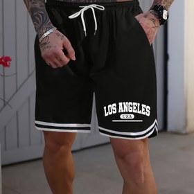 Resim Erkekler için LOS ANGELES Baskılı Basketbol Şortları - Yazlık Rahat Elastik Bel ve Ayarlanabilir İpli, Hafif Nefes Alabilen Kumaş, Koşu, Spor ve Sokak Giyimi İçin Bol Kesim 