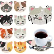 Resim 8 parça Set - Elmas Boyama Kiti Standı ile, Şık Kedi Coaster Seti, DIY Parıltılı Elmas Sanat Ahşap Coaster Seti, Mozaik El Yapımı Nakış Sanatı, Yuvarlak Parıltılı Elmaslar, Başlangıç Seviyesi ve Yetişkinler için Uygun, Festival ve Partiler için İdeal Seçim 