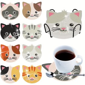 Resim 8 parça Set - Elmas Boyama Kiti Standı ile, Şık Kedi Coaster Seti, DIY Parıltılı Elmas Sanat Ahşap Coaster Seti, Mozaik El Yapımı Nakış Sanatı, Yuvarlak Parıltılı Elmaslar, Başlangıç Seviyesi ve Yetişkinler için Uygun, Festival ve Partiler için İdeal Seçim 