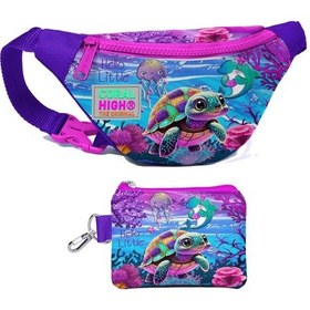 Resim Coral High Kız Çocuk Pembe Mor Kaplumbağa Desenli Bel Çantası Ve Bozuk Para Cüzdanı Set Çok Renkli 