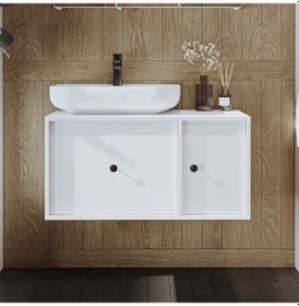 Resim Gusto Ayaksız Oval Lavabolu Mdf 90 Cm Çekmeceli Banyo Dolap Beyaz Mat Beyaz 
