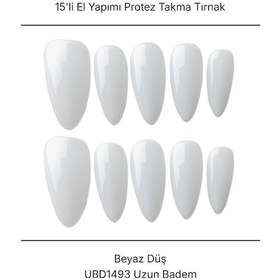 Resim 15'li Beyaz Uzun Badem Ubd1493 Tekrar Kullanılabilir El Yapımı Protez Takma Tırnak S 