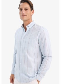 Resim Defacto Regular Fit Polo Yaka Çizgili Pamuklu Uzun Kollu Gömlek E7892ax25aube723 Mavi 