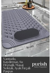 Resim Purish Banyo Duş Küvet Için Vantuzlu Kaydırmaz, Su Drenajlı, Masaj Noktalı Paspas - Mat Gri - 69,5x36cm Antrasit Gri 