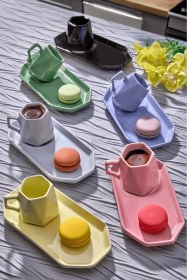 Resim 6 Kişilik 12 Parça Modern Renkli Kahve Fincan Seti - Prizma Kahve Takımı,geometrik Tasarım Beyaz - Gri - Krem - Pembe 