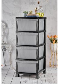 Resim Line Komidin - 4 Katlı Çekmeceli Çizgili Plastik Komidin - Sebzelik - Çekmece Siyah 