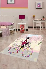 Resim Pelangi Bisiklet Süren Kız Çiçekli Kelebekli Dijital Baskı Yıkanabilir Kaymaz Taban Çocuk Odası Halısı, Çok Renkli 80 x 150 