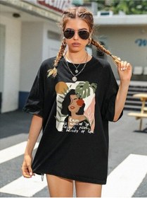 Resim Kadın Oversize Female Figure Baskılı Siyah T-shirt. Siyah 