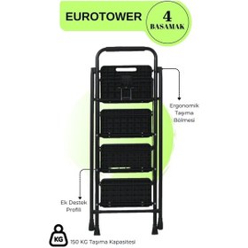 Resim Eurotower 4 Basamak Özel Tasarım Geniş Basamaklı Siyah Merdiven 3+1 