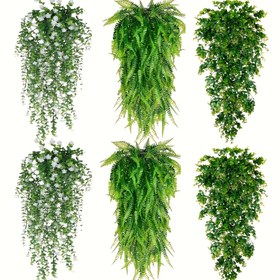 Resim 6 Parça Gerçekçi Yapay Yeşillik Asma Seti - Eğrelti Otu, Sarmaşıklı & Okaliptüs ile Beyaz Çiçekli ve Renkli Yapraklı Plastik Bitki Dekoru - Düğün, Bahçe, Ev Süslemesi için Düşük Bakım Gerektiren Duvar, Kapı ve Koridor Aksesuarları (Pil/Elektriksiz/Saksısız) 