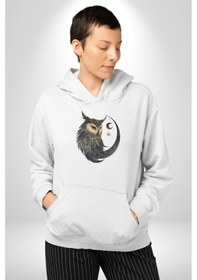 Resim Ay Yıldız Bakır Renk Baykuş Kadın Erkek Beyaz Kapüşonlu Sweatshirt Hoodie Beyaz 