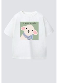 Resim Monila Unisex Çocuk Pamuklu Bisiklet Yaka Kuzu Kulağı Baskılı T-shirt Ekru 