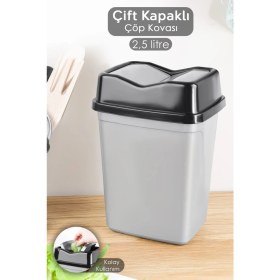 Resim Gri Çift Kapaklı Kelebek Çöp Kovası, 2,5 Litre, Tezgah Üstü, Banyo, Mutfak ve Ofis Kullanımına Uygun 