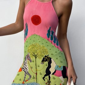 Resim Kadınların Yazlık Zebra Desenli Askılı Elbisesi - Sevimli, Şık Omuz Üstü Mini Elbise, Güneş ve At İllüstrasyonu ile, Hafif Polyester Kumaş, Günlük veya Tatil Giyiminde Mükemmel, Rahat Yazlık Elbise | Oynak Desenli Elbise | Hafif Kumaş 
