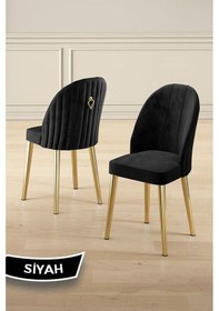 Resim Canisa Pem Serisi 90x160 Lak Panel Beyaz Mermer Desen Gold Ayak Masa Takımı 6 Siyah Sandalye Beyaz Mermer Desen Masa Sandalyeler Siyah 