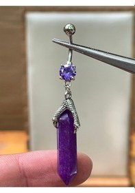 Resim 316 L Cerrahi Çelik Mor Zirkon Ve Doğal Taşlı Pençe Modeli Göbek Piercingi Mor 