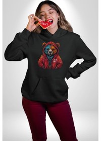 Resim Kırmızı Hoodie Ayı Kadın Erkek Siyah Kapüşonlu Sweatshirt Hoodie Siyah 