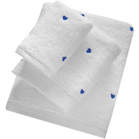 Resim 3 Parça Kalp Nakışlı Banyo Havlusu Takımı %100 Pamuklu Lovely Set Mavi 